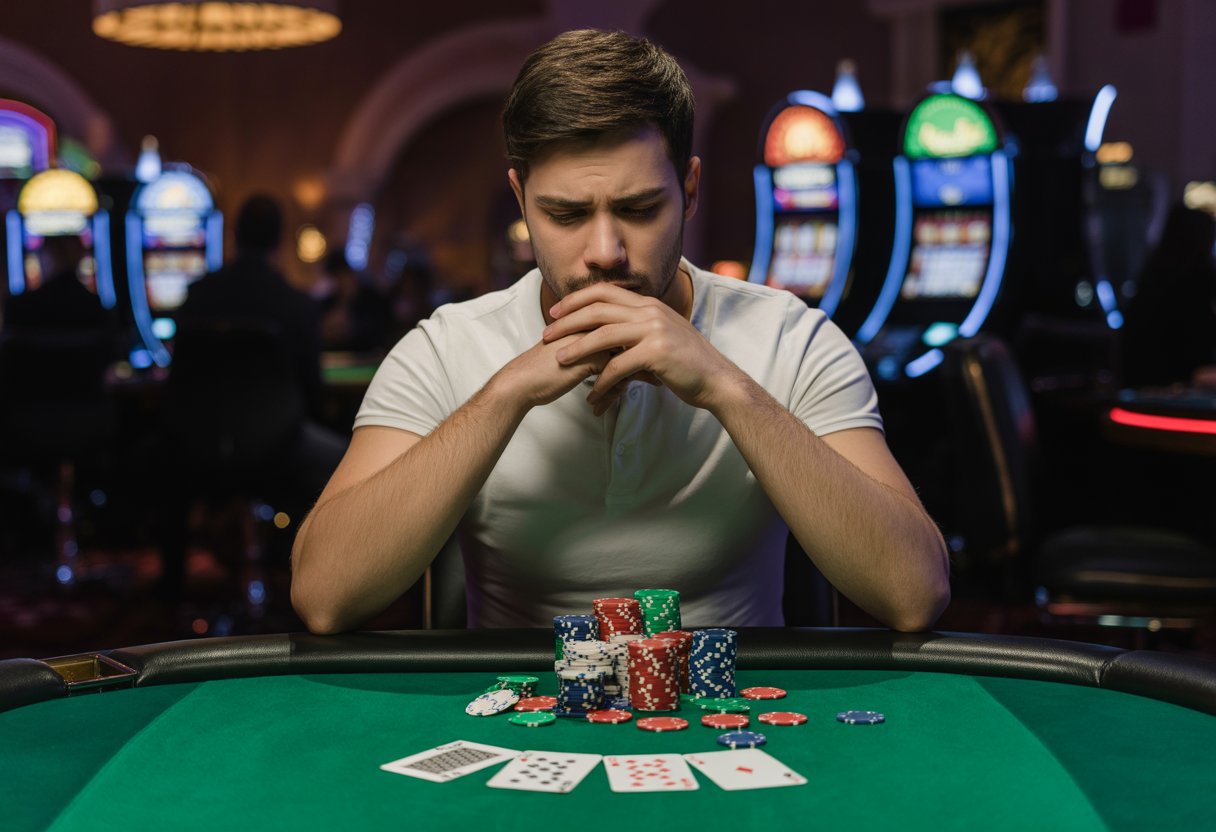 A young man sitting alone at a casino table looking stressed and anxious with poker chips and cards in front of him.