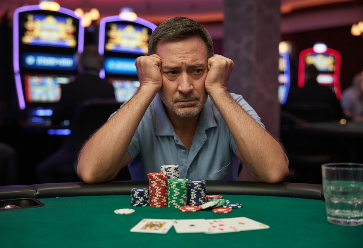 A man sitting alone at a casino table looking stressed and contemplative with poker chips and playing cards in front of him.