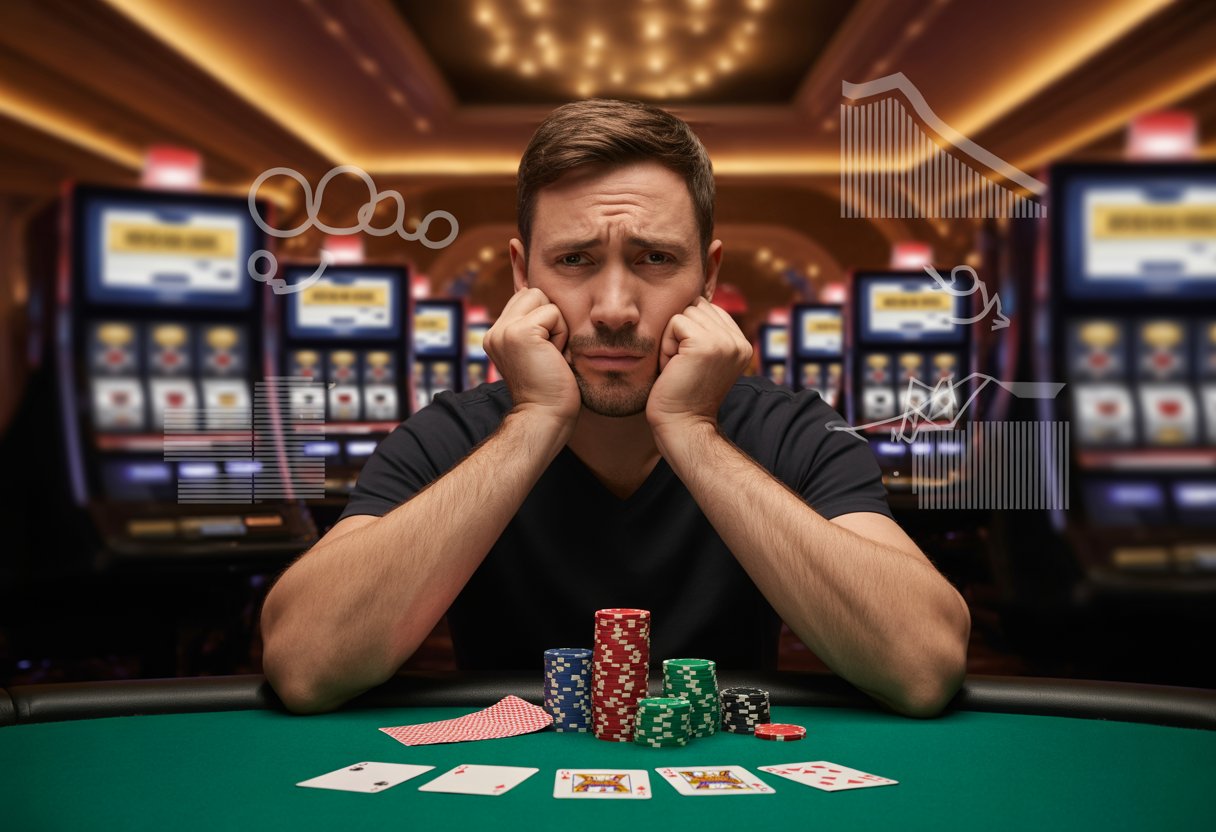 A man sitting at a casino table with poker chips and cards, looking tense and deep in thought.